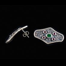 Load image into Gallery viewer, Byzantine Silver Earrings With Ruby & Emerald - High Quality Item