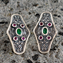 Load image into Gallery viewer, Byzantine Silver Earrings With Ruby & Emerald - High Quality Item