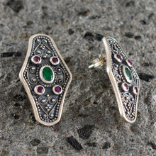 Load image into Gallery viewer, Byzantine Silver Earrings With Ruby & Emerald - High Quality Item