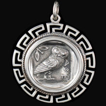 Load image into Gallery viewer, Owl Of Wisdom X-Large Coin Pendant with Meander Design