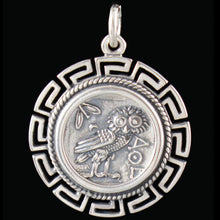 Load image into Gallery viewer, Owl Of Wisdom Coin Pendant with Meander Design - Athena