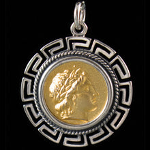 Load image into Gallery viewer, Apollo Silver Coin Pendant(Gold Plated) with Meander Design - Olympian God Apulu
