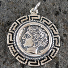 Load image into Gallery viewer, Artemis Silver Coin Pendant with Meander Design - Syracuse Dekadrachm - Diana