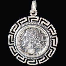 Load image into Gallery viewer, Artemis Silver Coin Pendant with Meander Design - Syracuse Dekadrachm - Diana