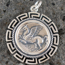 Load image into Gallery viewer, Mythical Horse Pegasus Coin Pendant With Meander - Goddess Athena - Corinth Stater