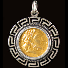 Load image into Gallery viewer, Phillip II Macedon Depicting Zeus Medium Gold Plated Pendant with Meander Design