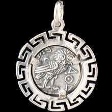 Load image into Gallery viewer, Goddess Athena & Owl of Wisdom Silver Pendant with Meander - Athens Tetradrachm