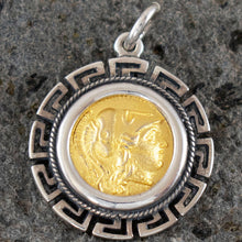 Load image into Gallery viewer, Goddess Athena Silver Coin Pendant(Gold Plated) - Meander Design