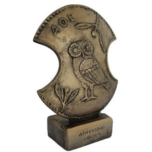 Load image into Gallery viewer, Goddess Athena shield with owl design small sculpture - Symbol of Wisdom Strategy