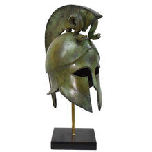 Load image into Gallery viewer, Corinthian bronze helmet with snakes on marble base - Hoplite soldier infantry