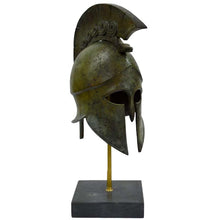 Load image into Gallery viewer, Corinthian bronze helmet with snake on marble base - Hoplite soldier infantry