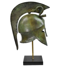 Load image into Gallery viewer, Corinthian bronze helmet with snakes on marble base - Hoplite soldier infantry