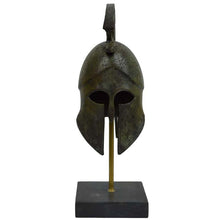 Load image into Gallery viewer, Corinthian bronze helmet with snake on marble base - Hoplite soldier infantry