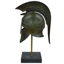 Load image into Gallery viewer, Corinthian bronze helmet with snake on marble base - Hoplite soldier infantry