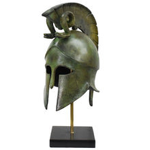 Load image into Gallery viewer, Corinthian bronze helmet with snakes on marble base - Hoplite soldier infantry