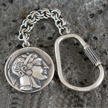 Load image into Gallery viewer, Athens Tetradrachm - Goddess Athena & Owl of Wisdom Silver Keychain