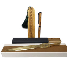 Load image into Gallery viewer, Olive wood pen - olive wood bookmark - envelope opener Achilles sword bronze