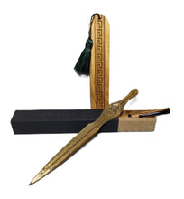 Load image into Gallery viewer, Olive wood pen - olive wood bookmark - envelope opener Achilles sword bronze
