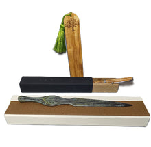 Load image into Gallery viewer, Olive wood pen - olive wood bookmark - envelope opener Achilles sword bronze aged dark green patina