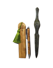 Load image into Gallery viewer, Olive wood pen - olive wood bookmark - envelope opener Achilles sword bronze aged dark green patina