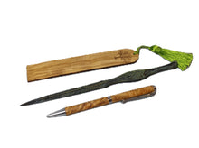 Load image into Gallery viewer, Olive wood pen - olive wood bookmark - envelope opener Achilles sword bronze aged dark green patina