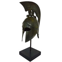 Load image into Gallery viewer, Corinthian bronze small helmet with snake on marble base - Hoplite soldier