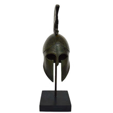 Load image into Gallery viewer, Corinthian bronze small helmet with snake on marble base - Hoplite soldier