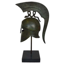 Load image into Gallery viewer, Corinthian bronze small helmet with snake on marble base - Hoplite soldier