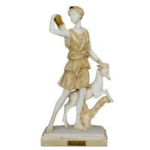 Load image into Gallery viewer, Diana Goddess of Hunt Alabaster aged Sculpture - Artemis Mistress of Animals