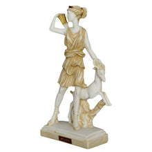 Load image into Gallery viewer, Diana Goddess of Hunt Alabaster aged Sculpture - Artemis Mistress of Animals