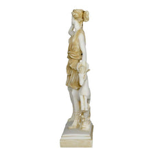 Load image into Gallery viewer, Diana Goddess of Hunt Alabaster aged Sculpture - Artemis Mistress of Animals