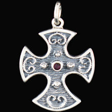 Load image into Gallery viewer, Double Sided Byzantine Silver Cross With Ruby & Emerald