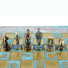 Load image into Gallery viewer, Cycladic Art Chess Set - Bronze Material - Blue Handmade oxidized chess Board