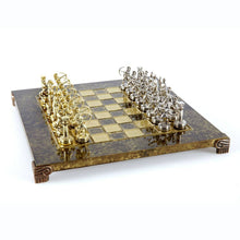Load image into Gallery viewer, Archers Small Chess Set - Brass Nickel Pawns - Brown chess Board