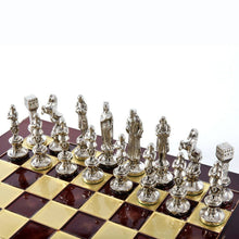 Load image into Gallery viewer, Renaissance Chess Set - Brass Nickel Pawns - Red chess Board