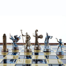 Load image into Gallery viewer, Greek Mythology Chess Set - Blue Copper Pawns - Blue Wooden case Board