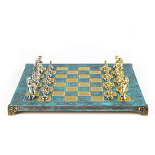 Load image into Gallery viewer, Classic Metal Staunton Chess Set - Brass Nickel Pawns Blue oxidized chess Board