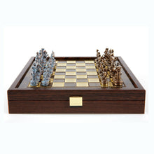 Load image into Gallery viewer, Greek Roman Army Chess Set - Blue Copper Pawns - Brown Wooden case Board