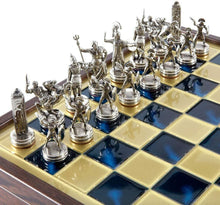 Load image into Gallery viewer, Greek Mythology Chess Set - Brass Nickel Pawns - Blue Wooden case Board