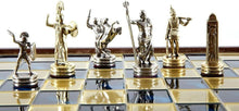 Load image into Gallery viewer, Greek Mythology Chess Set - Brass Nickel Pawns - Blue Wooden case Board