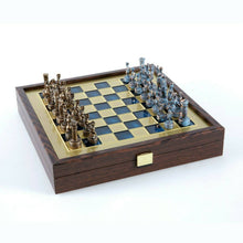 Load image into Gallery viewer, Greek Roman Army Chess Set - Blue Copper Pawns - Blue Wooden case Board