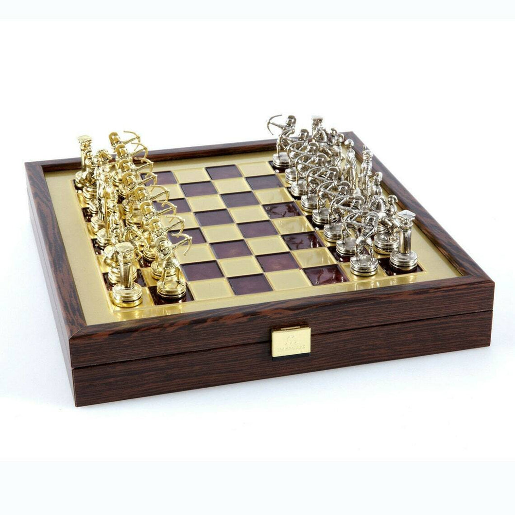 Archers Small Chess Set - Brass Nickel Pawns - Red Brass Wooden case Board