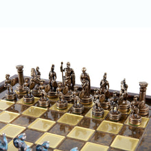 Load image into Gallery viewer, Greek Roman Army Chess Set - Blue Copper Pawns - Brown Wooden case Board