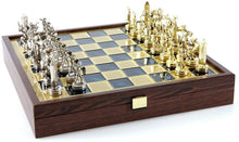 Load image into Gallery viewer, Greek Mythology Chess Set - Brass Nickel Pawns - Blue Wooden case Board
