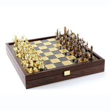 Load image into Gallery viewer, Greek Mythology Chess Set - Brass Copper Pawns - Brown Wooden case Board