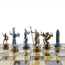 Load image into Gallery viewer, Greek Mythology Chess Set - Blue Copper Pawns - Brown chess Board