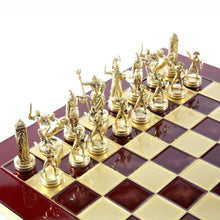 Load image into Gallery viewer, Greek Mythology Chess Set - Brass Copper Pawns - Red chess Board
