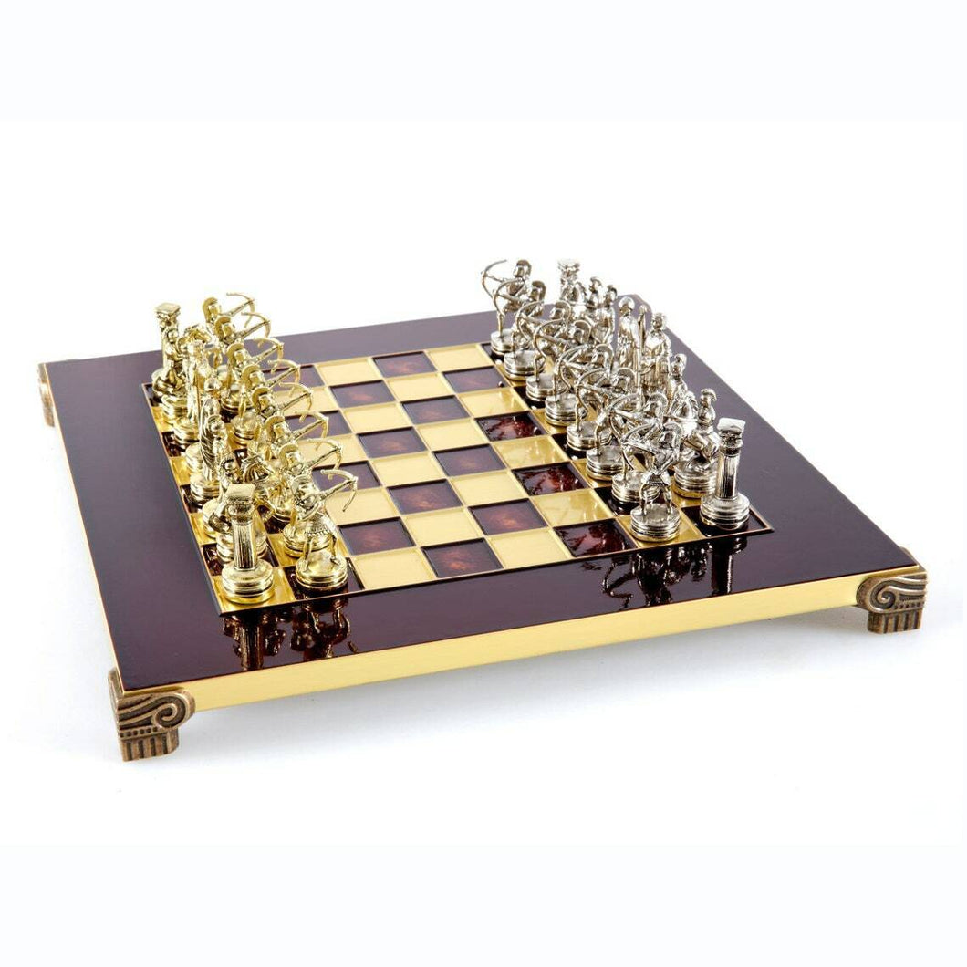 Archers Small Chess Set - Brass Nickel Pawns - Red chess Board