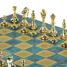 Load image into Gallery viewer, Classic Metal Staunton Chess Set - Brass Nickel Pawns Blue oxidized chess Board