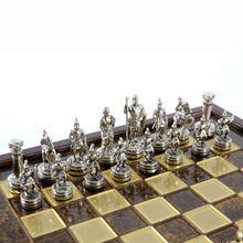 Load image into Gallery viewer, Greek Roman Army small Chess Set - Brass Nickel Pawns - Brown Wooden case Board